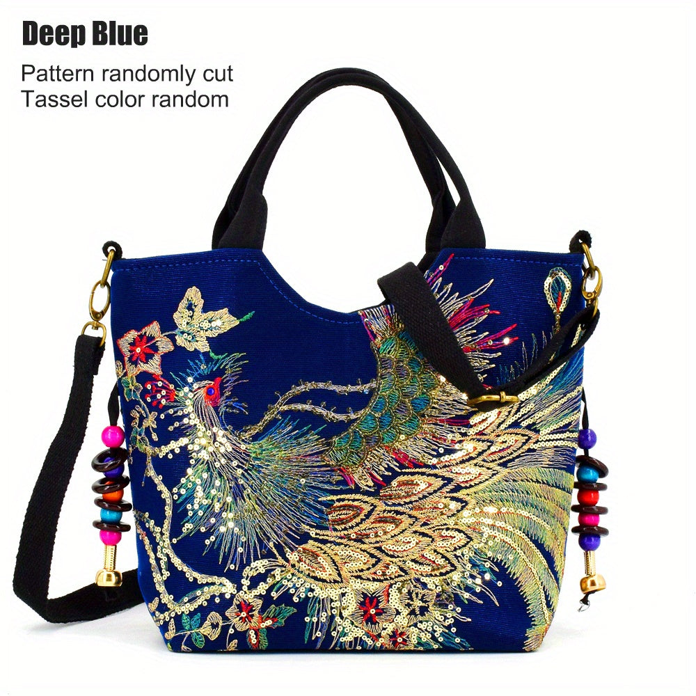 [Wo 'S Embroidered Bag] Retro Style Wo 'S Embroidered Satchel Bag, Fashion Double Handle Purse with Removable Strap