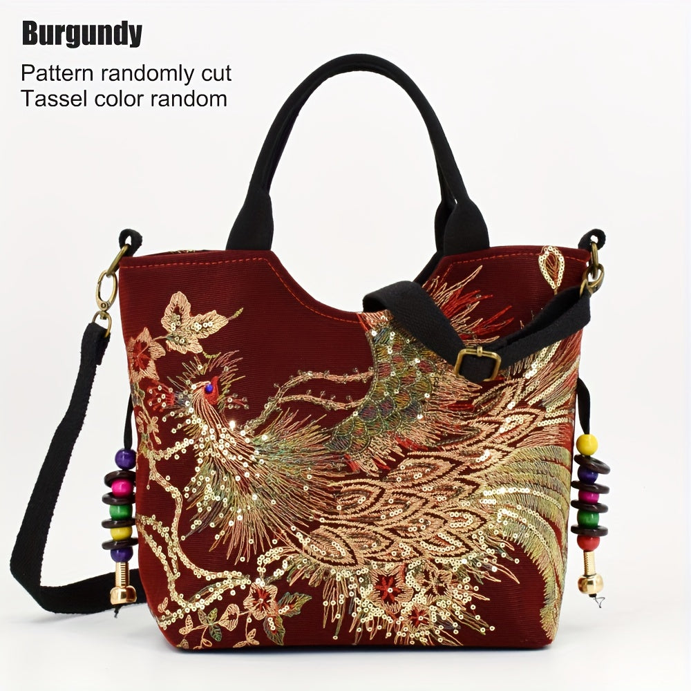 [Wo 'S Embroidered Bag] Retro Style Wo 'S Embroidered Satchel Bag, Fashion Double Handle Purse with Removable Strap