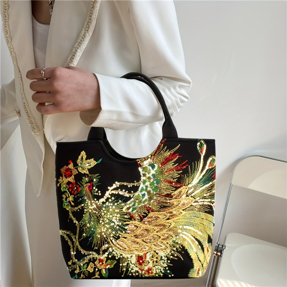 [Wo 'S Embroidered Bag] Retro Style Wo 'S Embroidered Satchel Bag, Fashion Double Handle Purse with Removable Strap