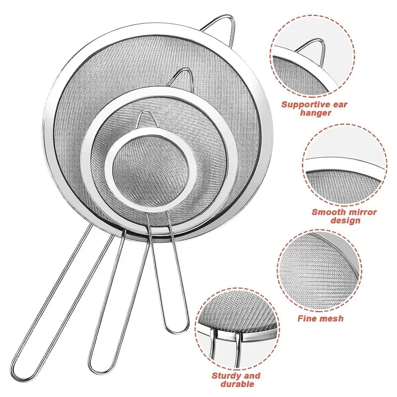 1-3Pcs Stainless Steel Wire Fine Mesh Oil Strainer Flour Colander Sieve Sifter Pastry Baking Tools Kitchen Accessories