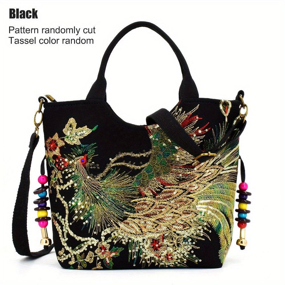 [Wo 'S Embroidered Bag] Retro Style Wo 'S Embroidered Satchel Bag, Fashion Double Handle Purse with Removable Strap