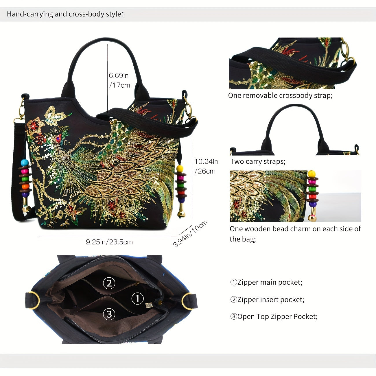 [Wo 'S Embroidered Bag] Retro Style Wo 'S Embroidered Satchel Bag, Fashion Double Handle Purse with Removable Strap